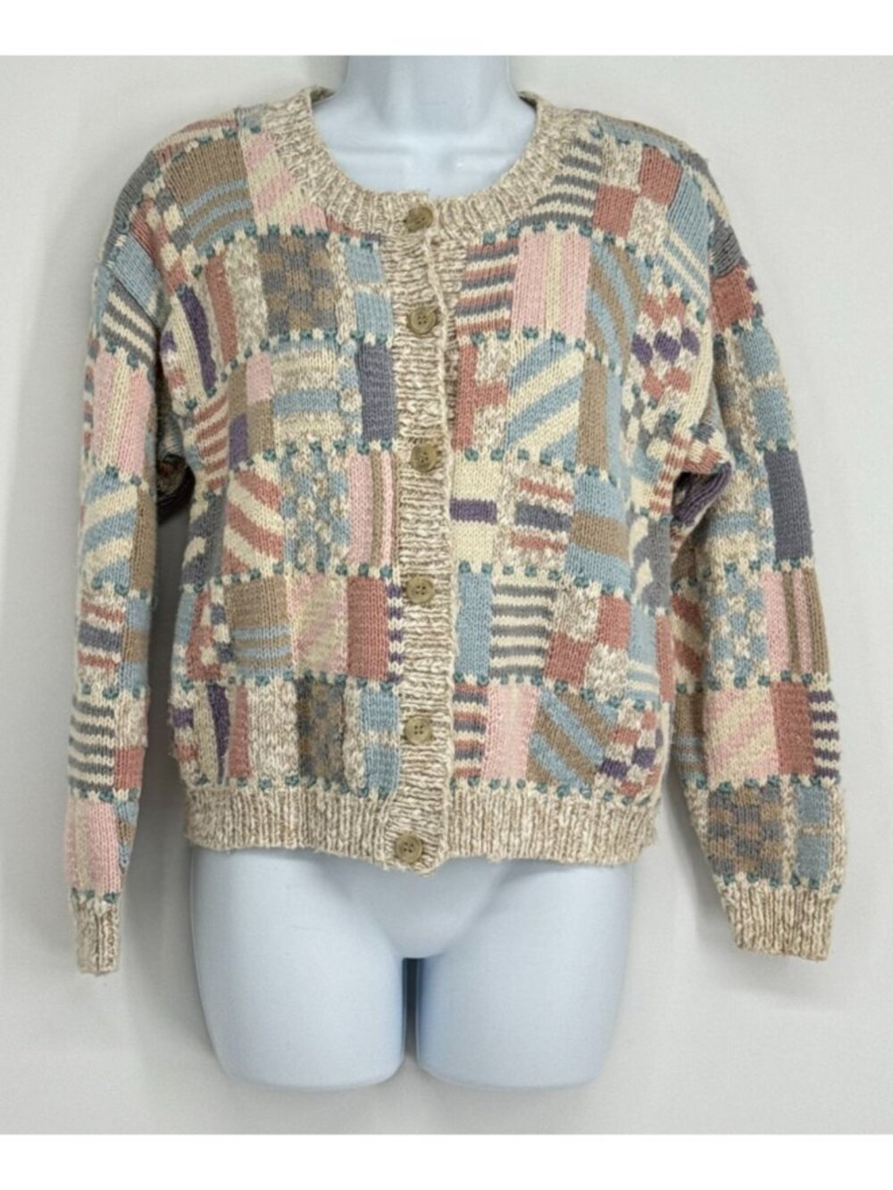VTG Hand Knit Cardigan Sweater S Patchwork Pastel Cottagecore Grandmacore